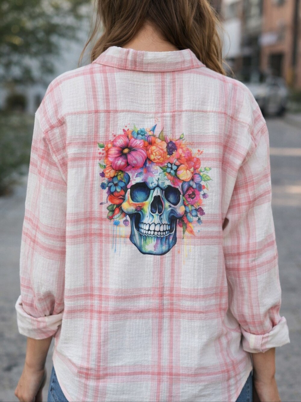 Upcycled Floral Skull Plaid Long Sleeve Shirt – Boho Art Apparel. LS01 - Picture 2 of 8